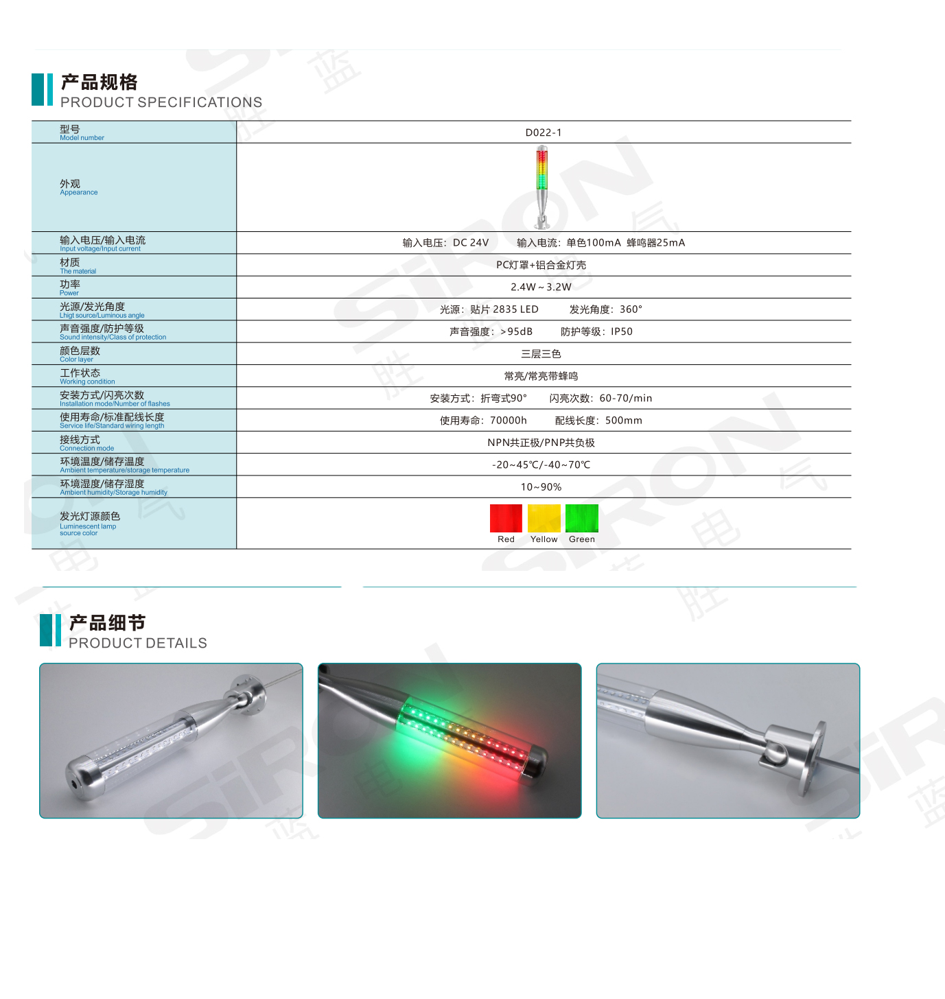 Bảng thông số gốc đèn tín hiệu D022-1 từ hãng SIRON